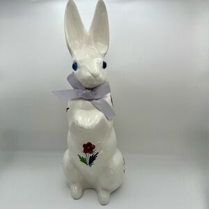 Vintage ELPA Alcobaca Portugal Ceramic Rabbit Hand Painted Floral Blue Eyes